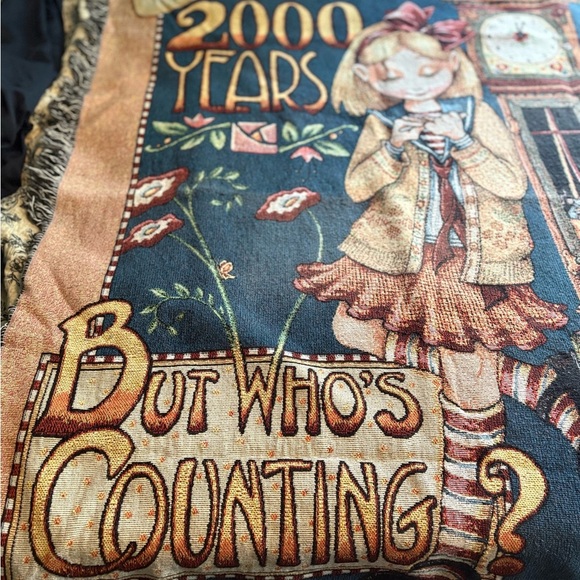 Vintage Tapestry Blanket with Girl and Clock Design - Picture 3 of 6